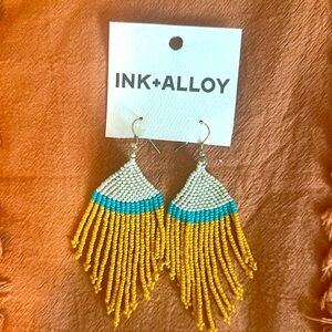 NEW Beaded Fringe Earrings from Ink + Alloy. White, Blue (Teal) & Mustard Yellow